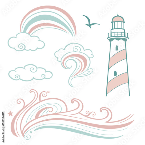 Pastel rainbow lighthouse and waves clouds seagull