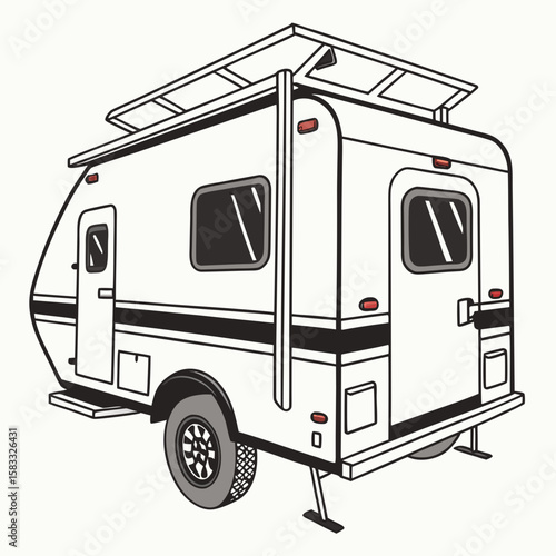 White compact camping trailer with black accents and roof rack recreational vehicle