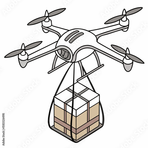 White drone carrying a beige package with grey propellers delivery cargo