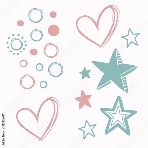 Pink and teal hearts stars and circles vector