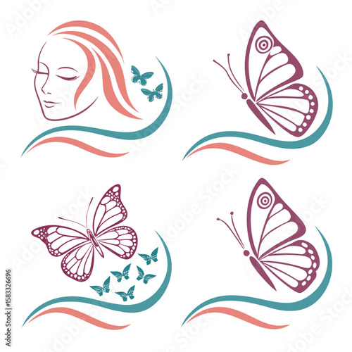 Woman face and butterflies with flowing lines profile hair