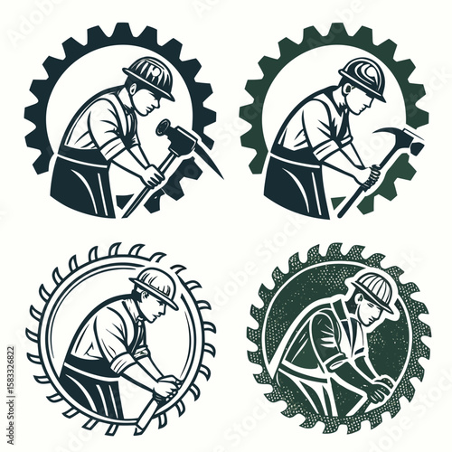 Workers with tools inside gears and saw blades construction labor