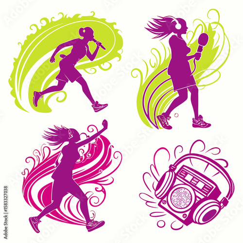 Purple figures singing dancing headphones boombox icons