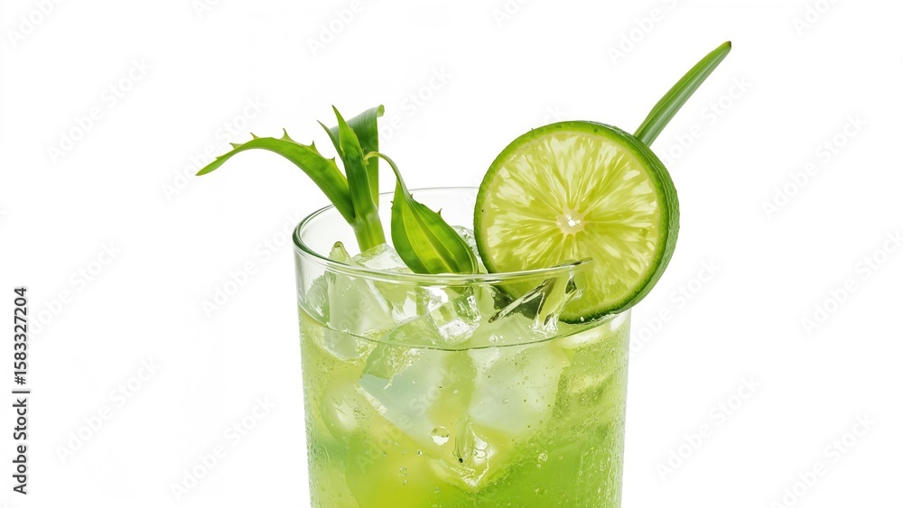 Fototapeta premium Refreshing aloe beverage served with lime on a plain white surface