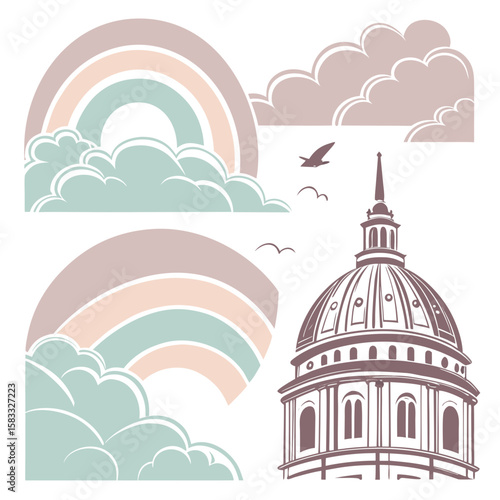 Rainbows and dome building with birds clouds architecture