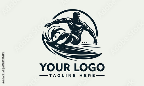 Silhouette of a surfer riding a wave, depicted in a dynamic logo design.