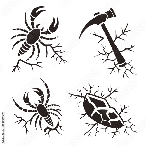 Scorpion and pickaxe breaking through cracked surface