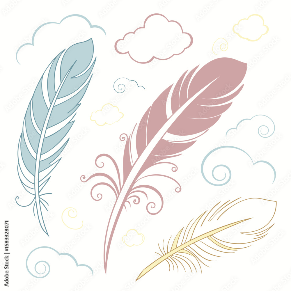 Obraz premium Soft feathers and clouds quill blue