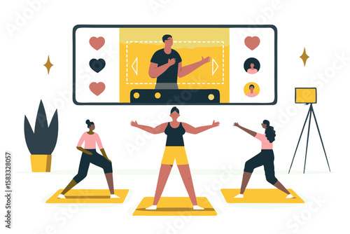 Online Fitness Class Women Embracing Wellness with Yoga Guided by an Expert Trainer Health Exercise Motivation Community