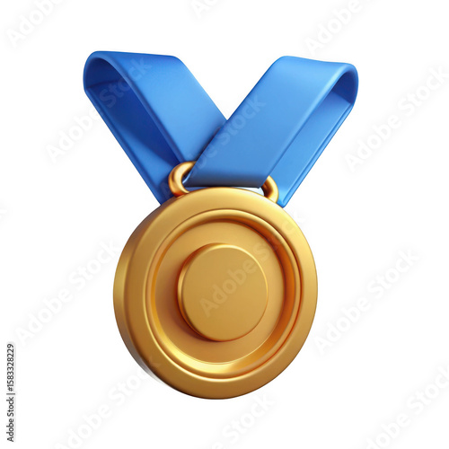 3d rendered gold medal with blue ribbon isolated on transparent background