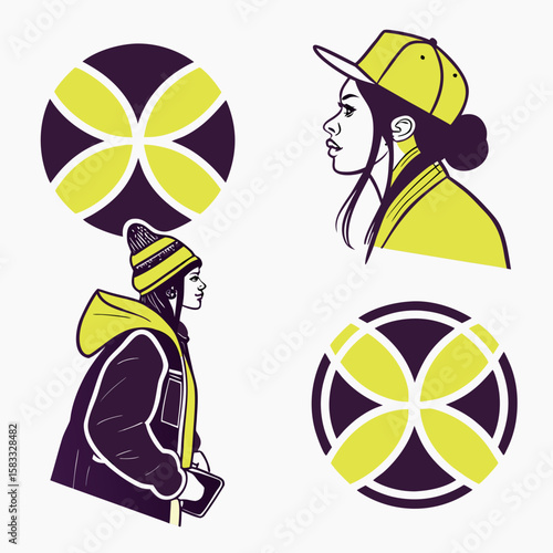 Stylish young women and abstract symbols flat vector icons