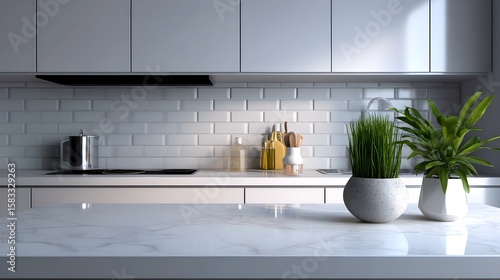A modern, minimalist kitchen interior with a white countertop and decor. long_title:A sleek and contemporary kitchen design featuring a white
