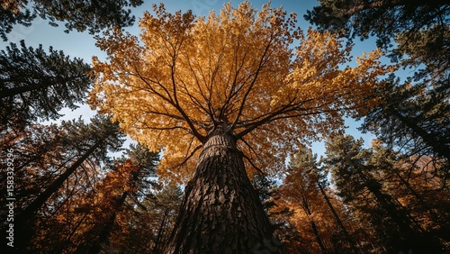 Golden larches seen from beneath in autumn