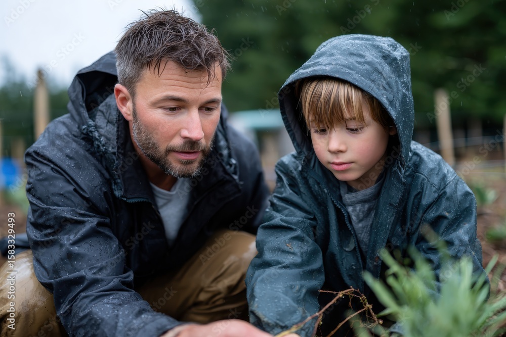 A father and son work together in the garden, nurturing plants amidst a gentle rain, embodying the joy of family connection and the importance of nature in their lives. A father and son work together in the garden, nurturing plants amidst a gentle rain, embodying the joy of family connection and the importance of nature in their lives.