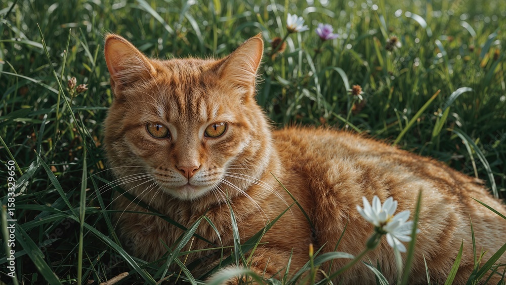 Orange feline sitting in the meadow Orange feline sitting in the meadow