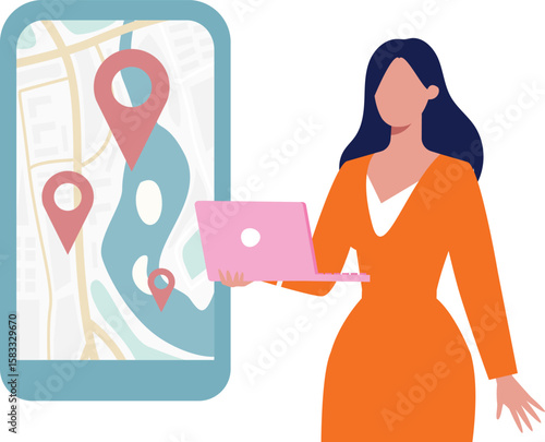 Girl is using laptop to see location pins.