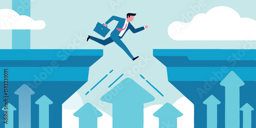 Career leap concept Businessman jumping abyss to success over rising arrows and clouds Financial growth overcoming