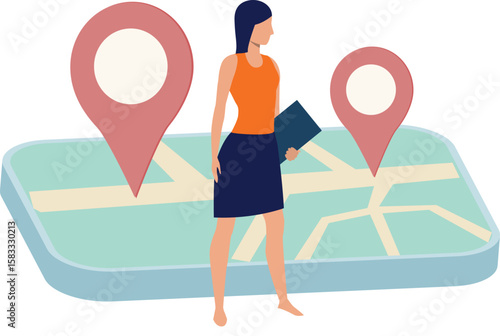 Girl turned her face to location pins.