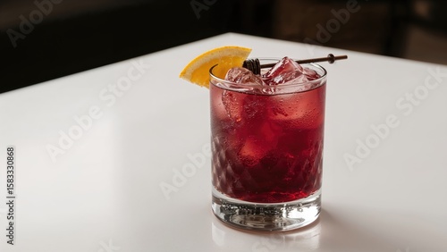 Wallpaper Mural Cocktail glass filled with red cherry liqueur ice and garnished with lemon slice and cherry on a white table surface Torontodigital.ca