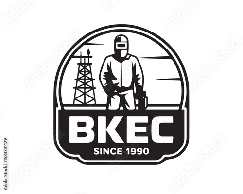 A black and white logo of a welder with oil derricks and the text bkec since 1990 in a circle
