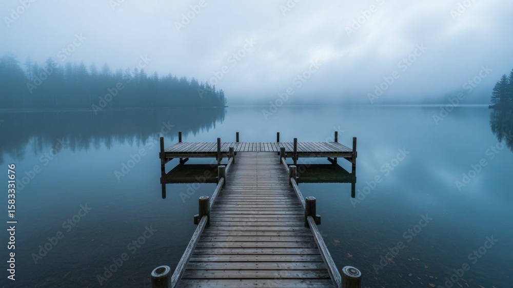 Naklejka premium Serene Foggy Lake With Wooden Pier Invites Peaceful Reflection