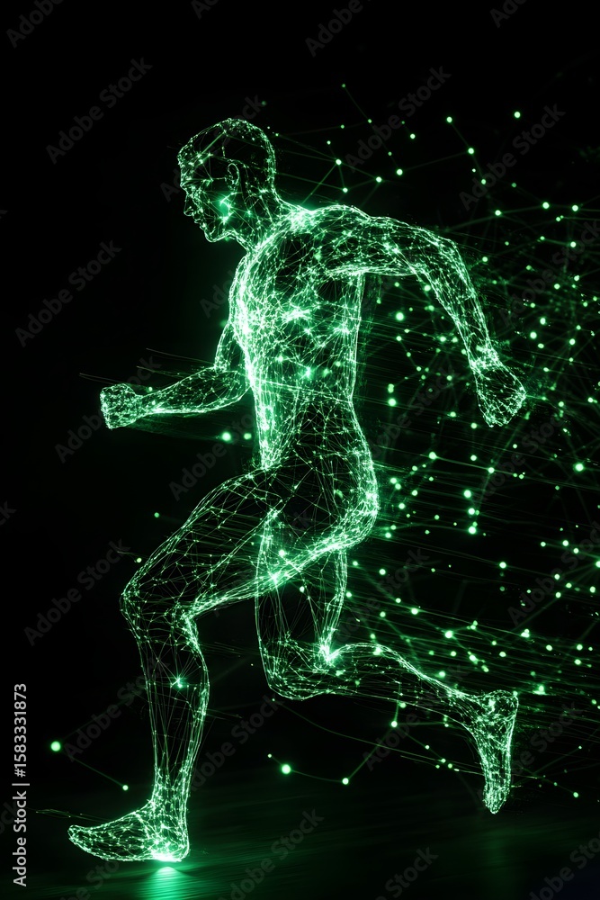 Fototapeta premium Green Energy Man Running Digital Network Motion running man