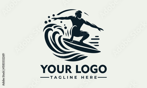 Silhouette of a surfer riding a wave, logo design with text below.