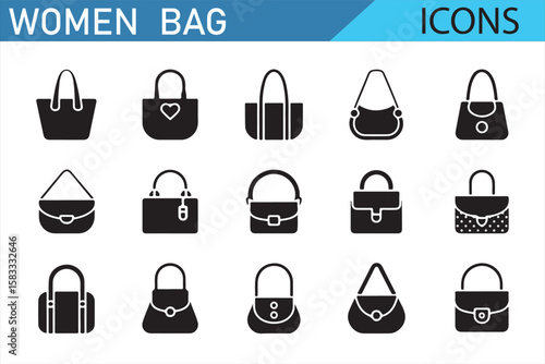 A collection of stylish and diverse women’s bag icons, featuring various purse shapes, handles, and designs for fashion, accessory, and shopping themes. Perfect for use in digital or graphic design pr
