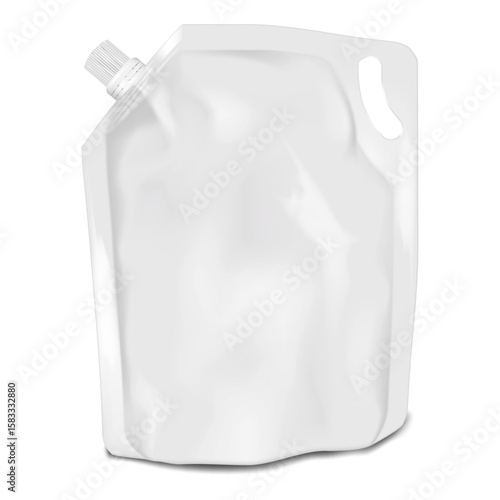 White blank spouted stand-up pouch with die cut handle. Realistic 3d vector mockup. Nozzle plastic bag with screw cap. Mock-up. Liquid product big volume reclosable packaging. Template for design