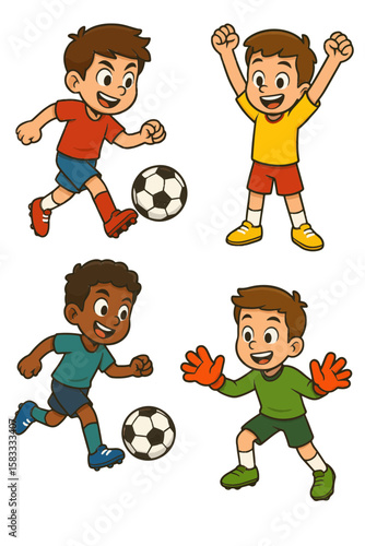Boy playing soccer together in a fun cartoon vector style illustration