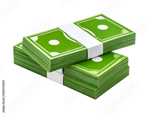 Stacks of bright green paper currency with white bands represent generic financial abundance.