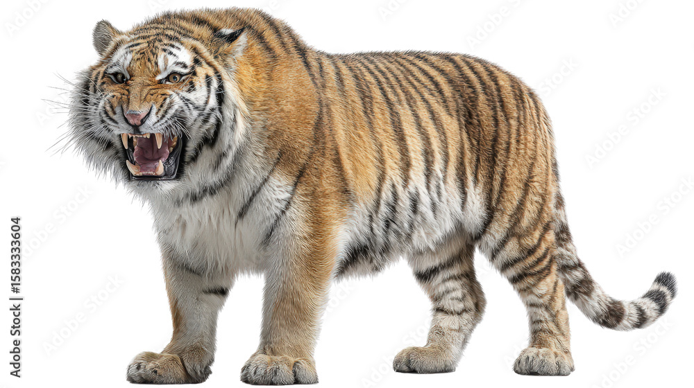 Obraz premium Angry tiger with fur raised and claws out captured mid-roar isolated on a Transparent background, PNG file.