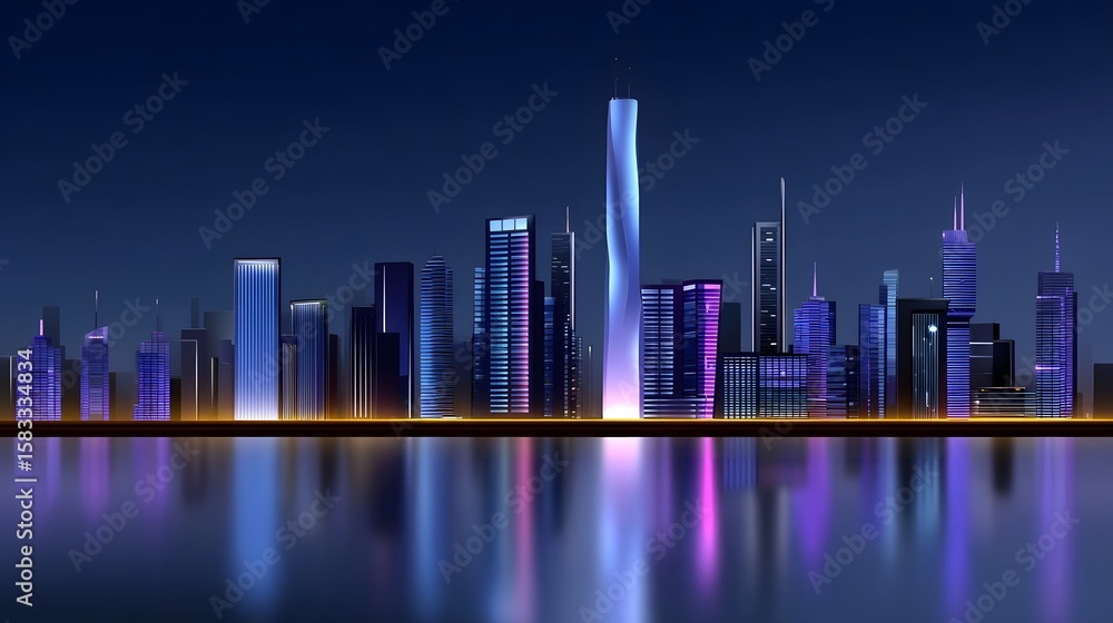 Fototapeta premium Vibrant city skyline with illuminated skyscrapers at night