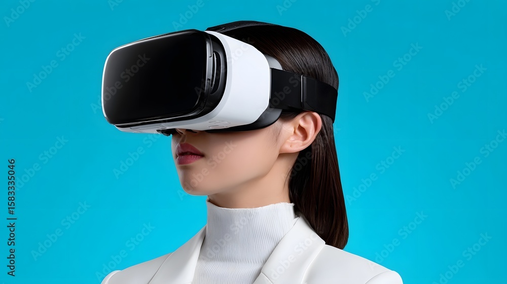A person wearing a virtual reality headset. A person wearing a virtual reality headset.