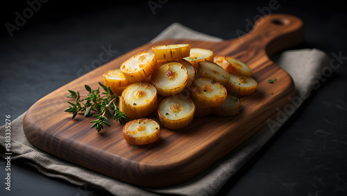 Roasted Parsnip Slices on Rustic Wooden Board: Gourmet Food Photography, Warm Lighting, Dark Background