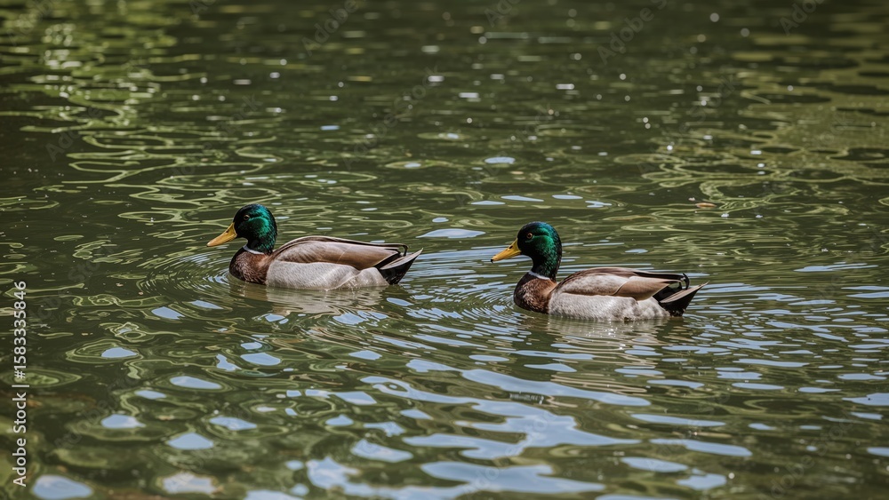 Obraz premium Ducks gliding across a pond in the summertime