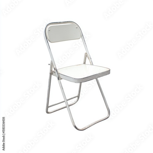 Foldable metal chair single item isolated white background, no shadow, utilitarian simple structure, lightweight