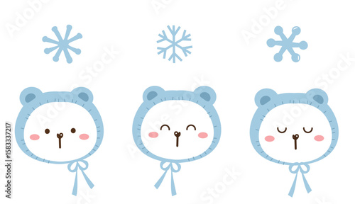 Christmas or New year icon set with snowflakes and polar bear cartoons isolated on white background vector. Kids wear fashion print.