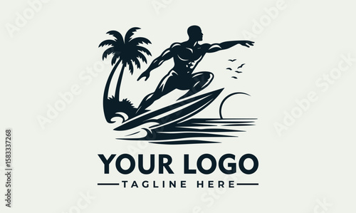 Silhouette of a muscular surfer riding a wave near a palm tree.