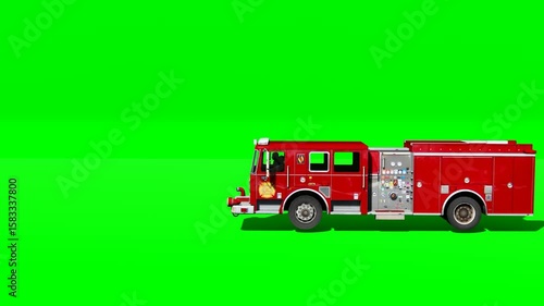 3D animated fire engine driving isolated on chroma key green.