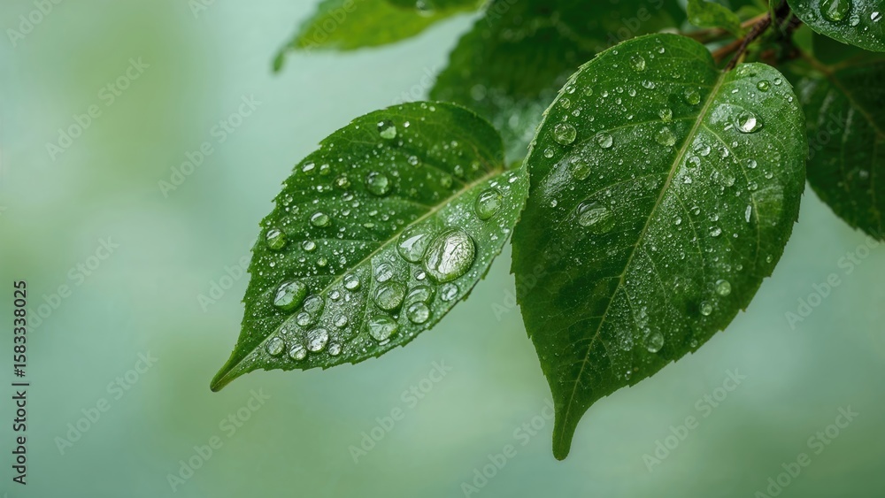 Moisture droplets scattered over lush green leaves Moisture droplets scattered over lush green leaves