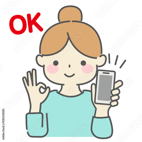 スマホを持ってオッケーしてる女性のイラスト