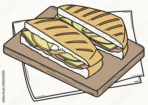 Cuban Sandwich with Pork, Cheese, and Pickles in Flat Design
