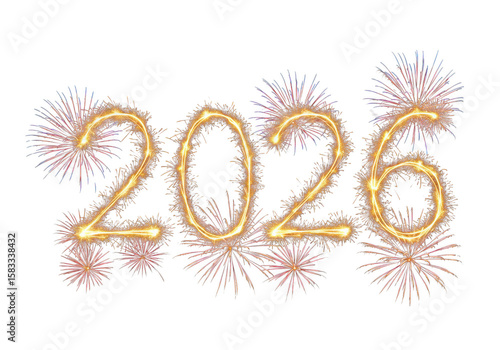 The year 2026 is spelled out in fireworks isolated on transparent background