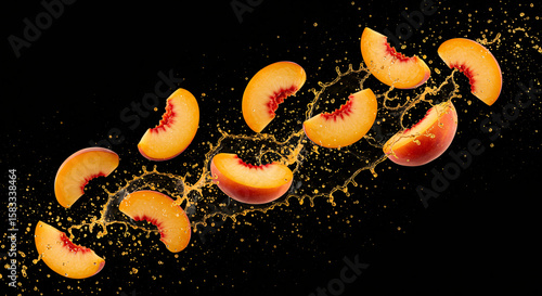 Sliced peaches suspended in mid-air with a splash of juice against a black background, creating a dynamic and refreshing composition.