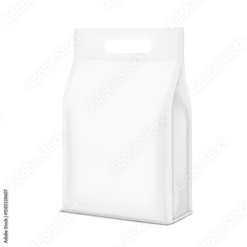 Packaging gusset bag with a hole handle mockup. Vector illustration isolated on white background.Half side view. Perfect for presentation laundry, pet deed, litter and etc. EPS10.