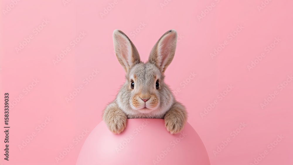 Obraz premium 3D model of a bunny peeking through an opening with a pastel pink background