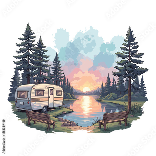 RV Camping Sunset Watercolor Sublimation