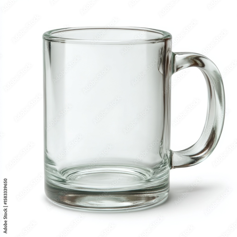 Transparent glass mug cylindrical shape isolated on white, no shadow, clear handle visible Transparent glass mug cylindrical shape isolated on white, no shadow, clear handle visible