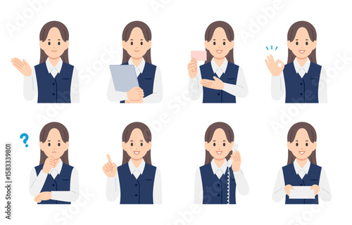 いろいろな表情･ポーズをする女性医療事務のセット【人物ベクターイラスト素材】